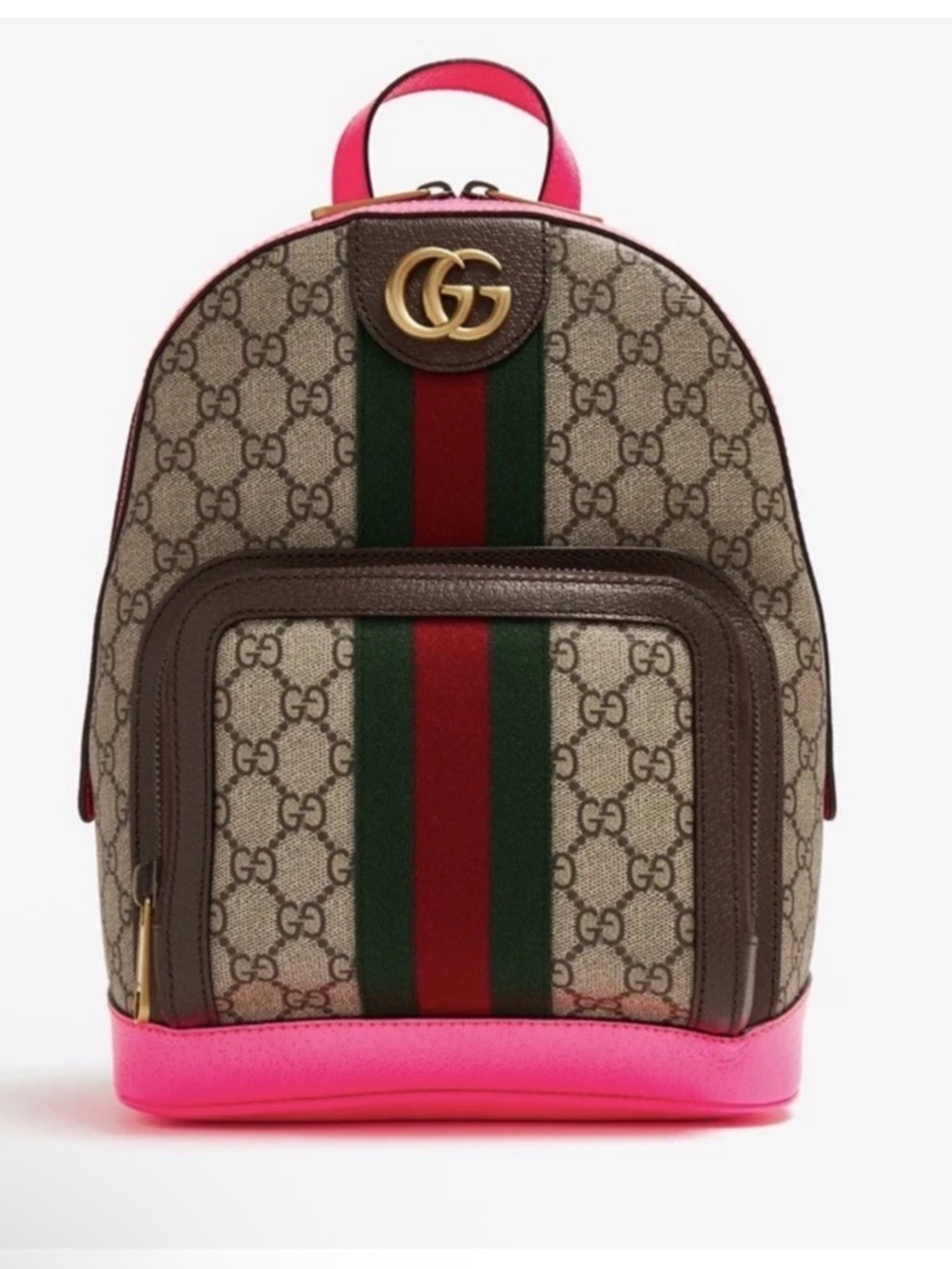 Gucci Beige GG Canvas small Backpack with Pink Trim and Green-Red Web